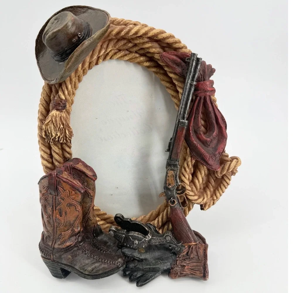 Western Cowboy Country Picture Frame Unisex OS‎ Brown Rope Boots Hat Rifle 3D